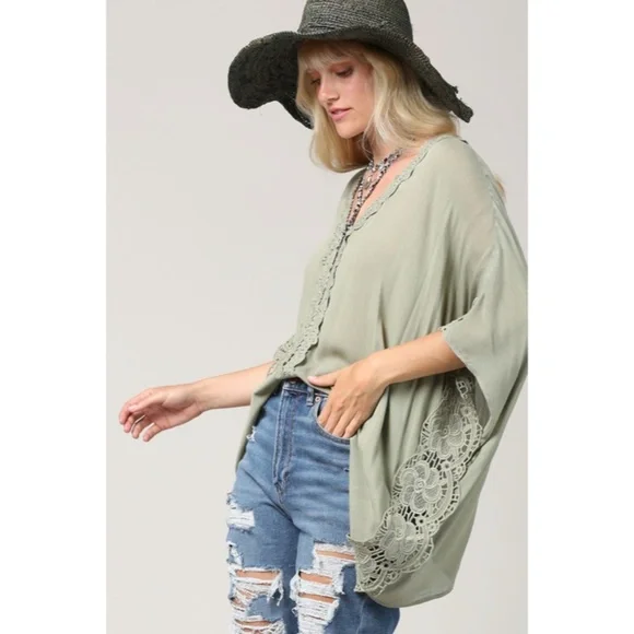 Olive Green Yoryu V-Neck Lace Trim Kimono Blouse Bohemian Casual Top - Picture 3 of 4